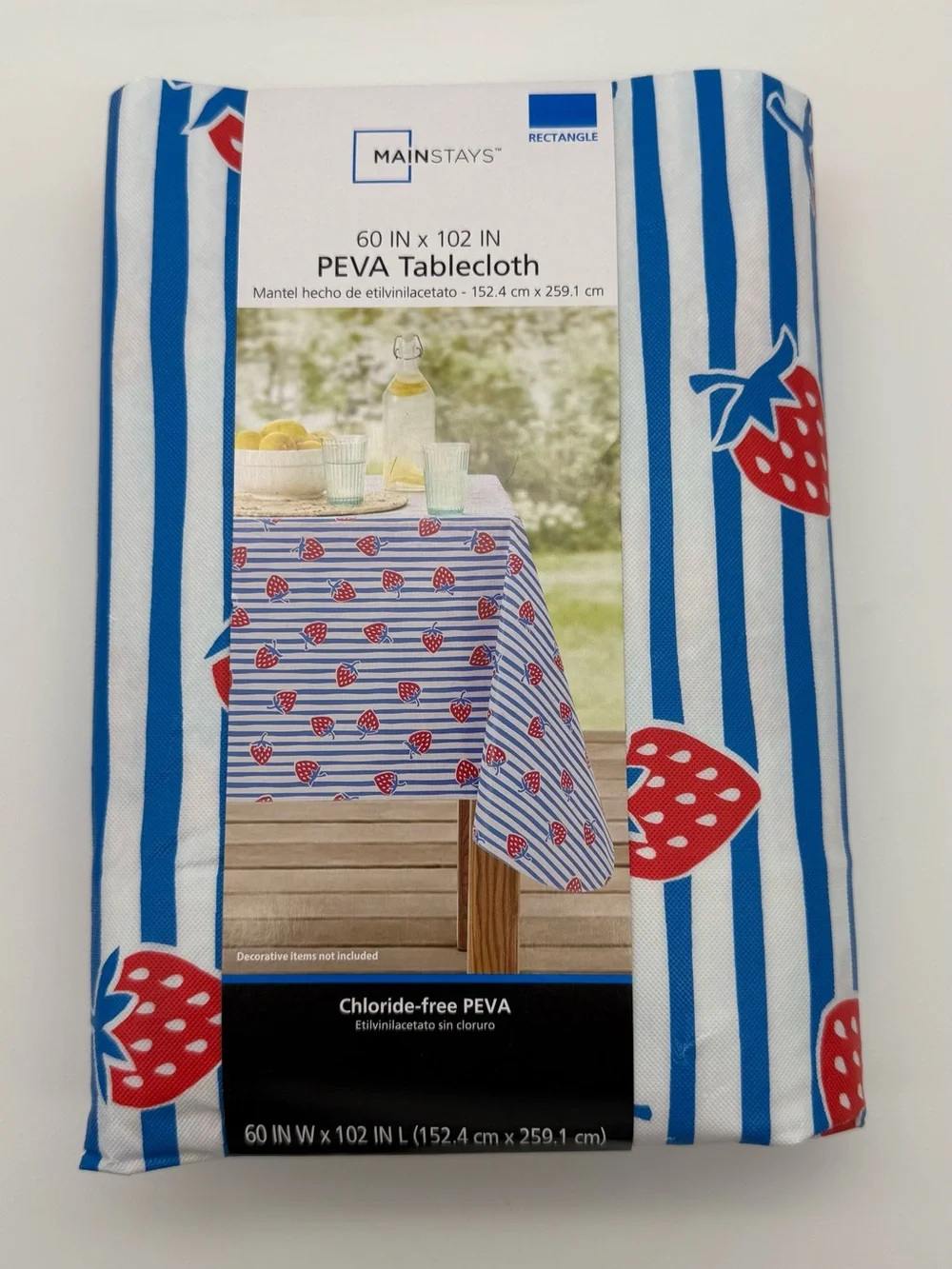 Mainstays Red & Blue Strawberry Stripe PEVA Tablecloth
